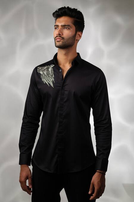 Sanjana Reddy Designs_Black Cotton Cut Work Wolf Embroidered Shirt _Online_at_Aza_Fashions