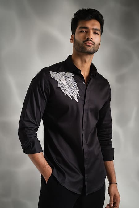 Shop Sanjana Reddy Designs Black Cotton Embroidery Wolf Shirt at Aza Fashions Shop_Sanjana Reddy Designs_Black Cotton Embroidery Wolf Shirt _at_Aza_Fashions