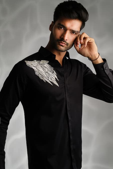 Sanjana Reddy Designs Black Cotton Embroidery Wolf Shirt Online at Aza Fashions Sanjana Reddy Designs_Black Cotton Embroidery Wolf Shirt _Online_at_Aza_Fashions