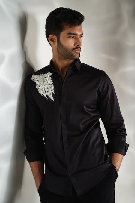 Shop Sanjana Reddy Designs Black Cotton Embroidery Wolf Shirt Online at Aza Fashions Shop_Sanjana Reddy Designs_Black Cotton Embroidery Wolf Shirt _Online_at_Aza_Fashions