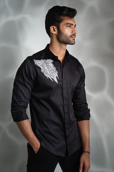 Sanjana Reddy Designs Black Cotton Embroidery Wolf Shirt at Aza Fashions Sanjana Reddy Designs_Black Cotton Embroidery Wolf Shirt _at_Aza_Fashions