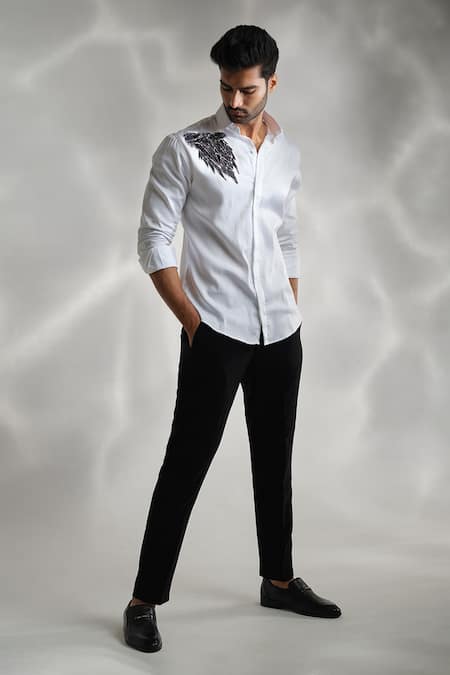 Sanjana reddy Designs White Cotton Hand Embroidered Cutdana Wolf Shirt 