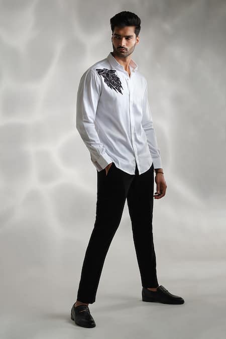 Shop_Sanjana Reddy Designs_White Cotton Embroidery Wolf Shirt _at_Aza_Fashions