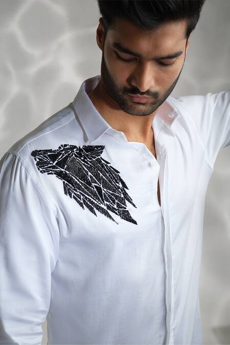 Buy_Sanjana Reddy Designs_White Cotton Embroidery Wolf Shirt _Online_at_Aza_Fashions