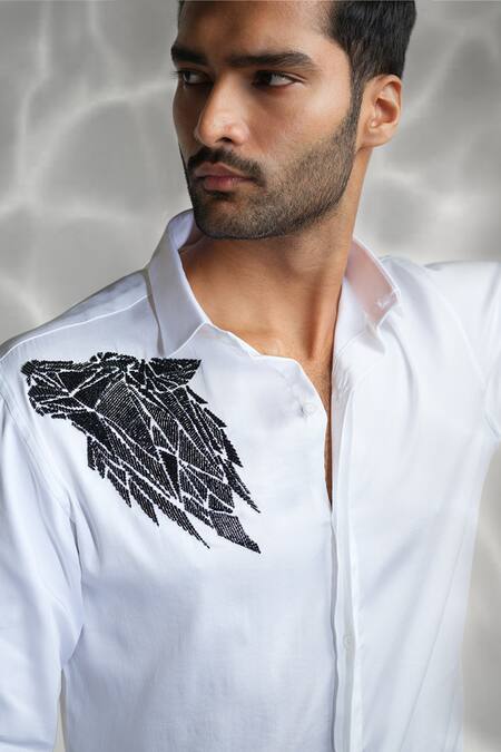 Shop_Sanjana Reddy Designs_White Cotton Embroidery Wolf Shirt _Online_at_Aza_Fashions