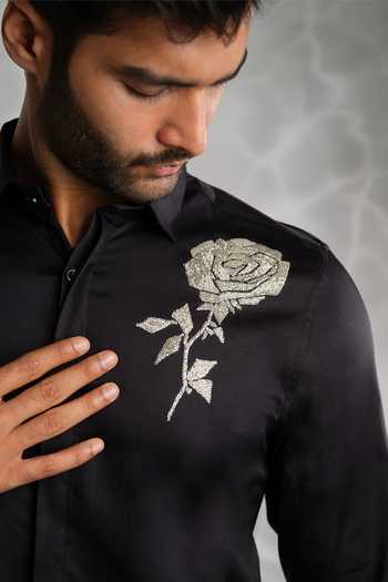 Shop Sanjana Reddy Designs Black Cotton Cut Work Rose Embroidered Shirt at Aza Fashions Shop_Sanjana Reddy Designs_Black Cotton Cut Work Rose Embroidered Shirt _at_Aza_Fashions