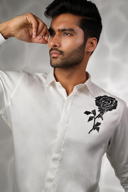 Buy_Sanjana Reddy Designs_White Cotton Cut Work Rose Embroidered Shirt _Online_at_Aza_Fashions