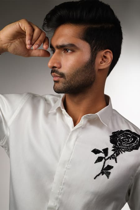 Shop_Sanjana Reddy Designs_White Cotton Cut Work Rose Embroidered Shirt _Online_at_Aza_Fashions