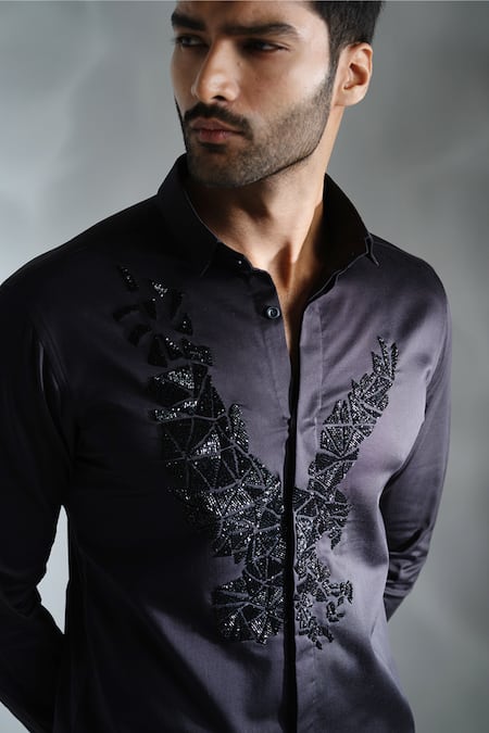 Sanjana Reddy Designs_Black Cotton Cut Work Eagle Embroidered Shirt _Online_at_Aza_Fashions