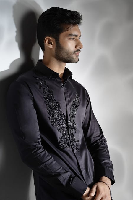 Buy_Sanjana Reddy Designs_Black Cotton Cut Work Eagle Embroidered Shirt _Online_at_Aza_Fashions
