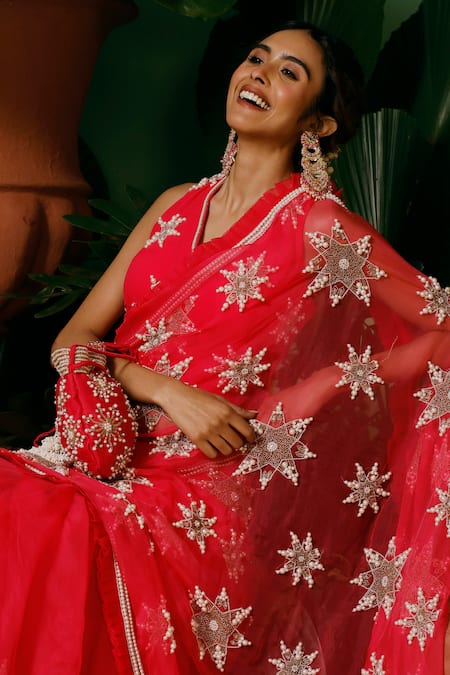 Buy_Midushi Bajoria_Pink Organza, Georgette, Satin Pearls, Cut Work, Embellished Saree With Blouse _Online_at_Aza_Fashions