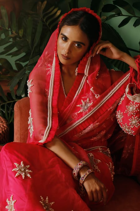Shop_Midushi Bajoria_Pink Organza, Georgette, Satin Pearls, Cut Work, Embellished Saree With Blouse _Online_at_Aza_Fashions