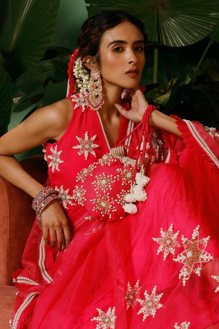 Midushi Bajoria_Pink Organza, Georgette, Satin Pearls, Cut Work, Embellished Saree With Blouse _at_Aza_Fashions