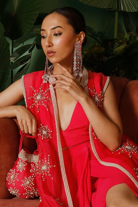 Buy_Midushi Bajoria_Pink Organza, Crepe Pearls, Cut Work, Stones Embroidered Jacket And Draped Skirt _Online_at_Aza_Fashions