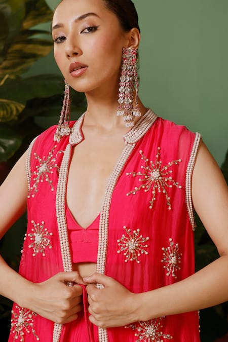 Shop_Midushi Bajoria_Pink Organza, Crepe Pearls, Cut Work, Stones Embroidered Jacket And Draped Skirt _Online_at_Aza_Fashions