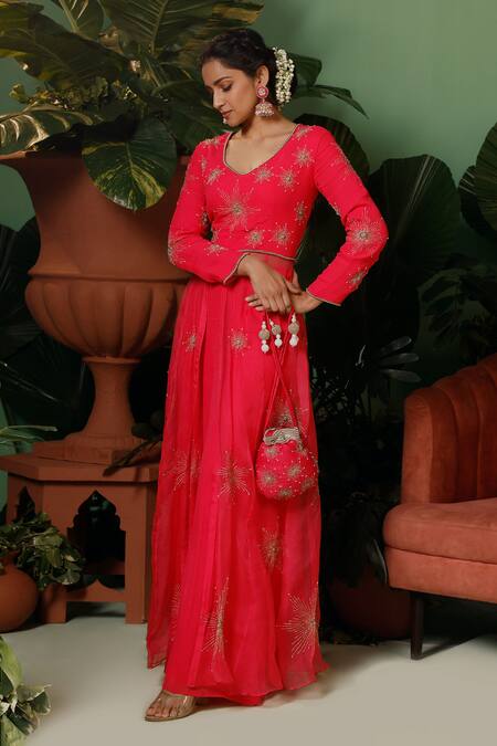 Buy_Midushi Bajoria_Pink Organza, Georgette, Linen Embroidery Floral Anarkali Jacket And Palazzo _Online_at_Aza_Fashions