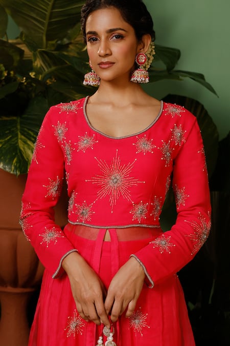 Shop_Midushi Bajoria_Pink Organza, Georgette, Linen Embroidery Floral Anarkali Jacket And Palazzo _Online_at_Aza_Fashions