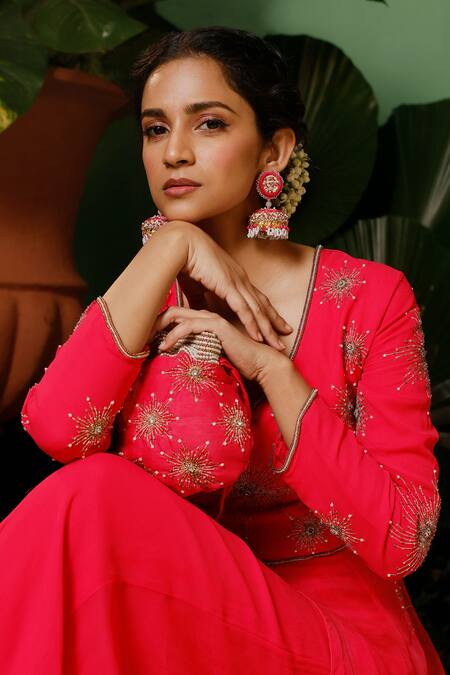 Midushi Bajoria_Pink Organza, Georgette, Linen Embroidery Floral Anarkali Jacket And Palazzo _at_Aza_Fashions