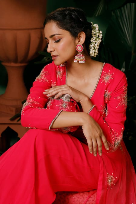 Buy_Midushi Bajoria_Pink Organza, Georgette, Linen Embroidery Floral Anarkali Jacket And Palazzo 