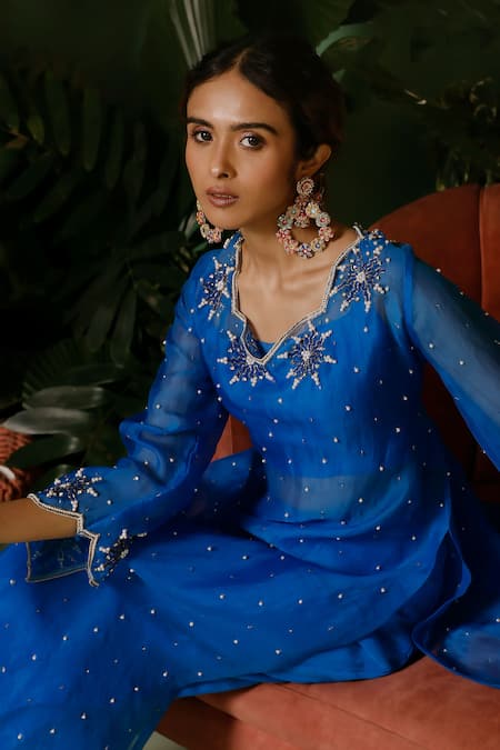 Midushi Bajoria_Blue Organza, Crepe, Brocade, Satin Sequins, Embellished Kurta And Pant Set _Online_at_Aza_Fashions