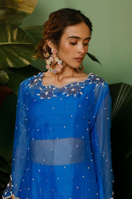 Shop_Midushi Bajoria_Blue Organza, Crepe, Brocade, Satin Sequins, Embellished Kurta And Pant Set _Online_at_Aza_Fashions