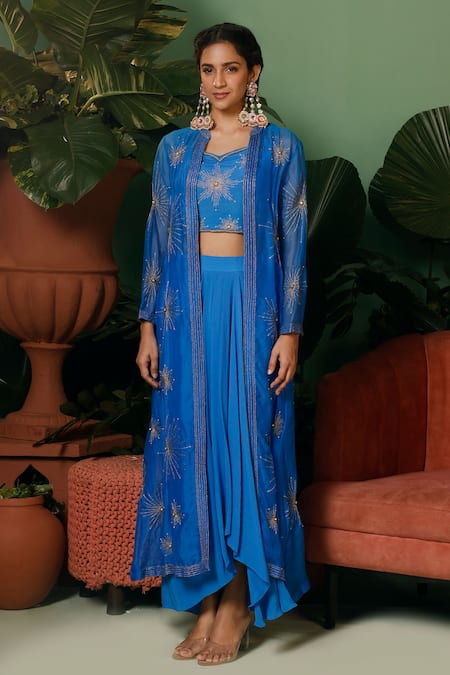 Midushi Bajoria Blue Jacket Organza Embroidery Floral Pattern And Draped Skirt Set 