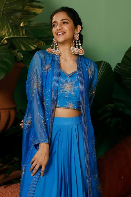 Buy_Midushi Bajoria_Blue Organza, Crepe Pearls, Stones, Embroidery Open Cobalt Floral Jacket Set _Online_at_Aza_Fashions
