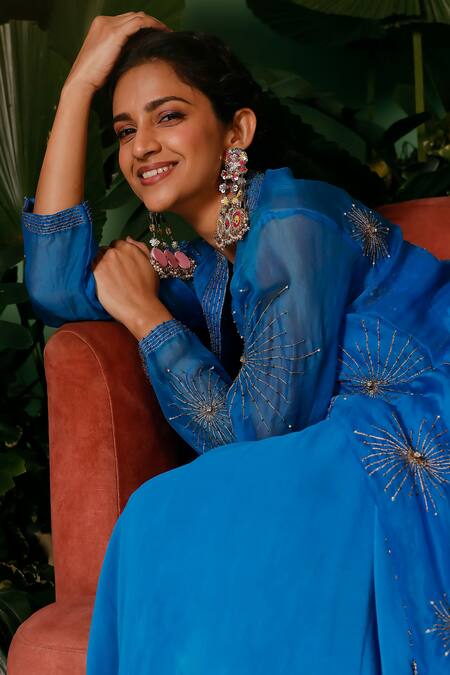 Shop_Midushi Bajoria_Blue Organza, Crepe Pearls, Stones, Embroidery Open Cobalt Floral Jacket Set _Online_at_Aza_Fashions