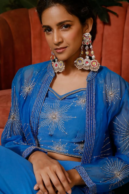 Midushi Bajoria_Blue Organza, Crepe Pearls, Stones, Embroidery Open Cobalt Floral Jacket Set _at_Aza_Fashions
