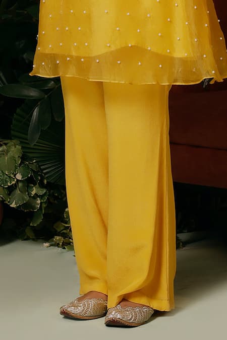Midushi Bajoria Yellow Organza, Crepe Pearls, Cut Work Round Neck Embroidered Top And Pant Set Online at Aza Fashions Midushi Bajoria_Yellow Organza, Crepe Pearls, Cut Work Round Neck Embroidered Top And Pant Set _Online_at_Aza_Fashions