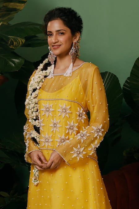 Buy Midushi Bajoria Yellow Organza, Crepe Pearls, Cut Work Round Neck Embroidered Top And Pant Set Online at Aza Fashions Buy_Midushi Bajoria_Yellow Organza, Crepe Pearls, Cut Work Round Neck Embroidered Top And Pant Set _Online_at_Aza_Fashions