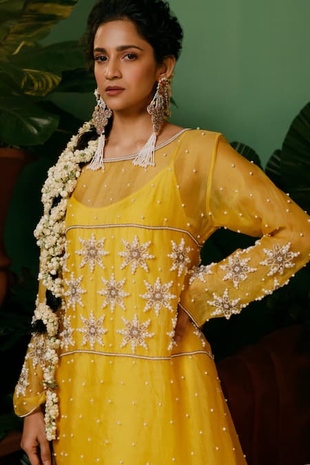 Shop_Midushi Bajoria_Yellow Organza, Crepe Pearls, Cut Work Round Neck Embroidered Top And Pant Set _Online_at_Aza_Fashions