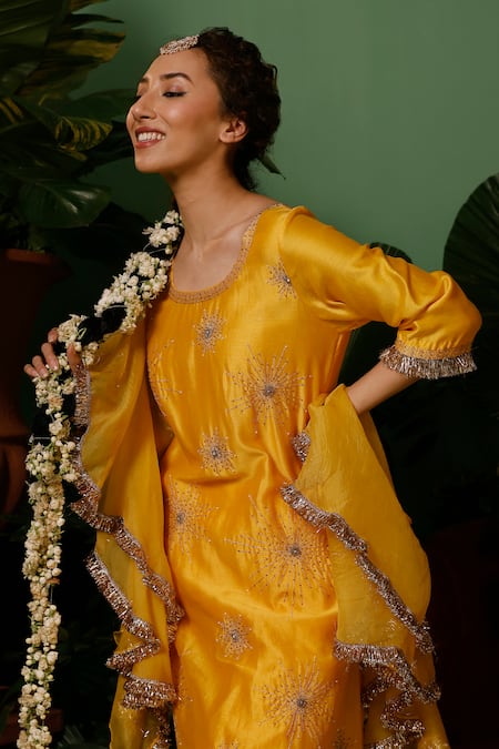 Midushi Bajoria_Yellow Silk, Chanderi, Organza Pearls, Stones, Kurta Set With Ruffle Dupatta _Online_at_Aza_Fashions
