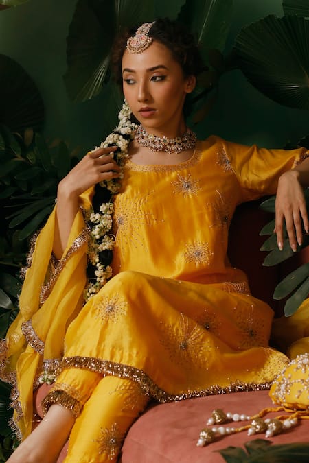 Shop_Midushi Bajoria_Yellow Silk, Chanderi, Organza Pearls, Stones, Kurta Set With Ruffle Dupatta _Online_at_Aza_Fashions