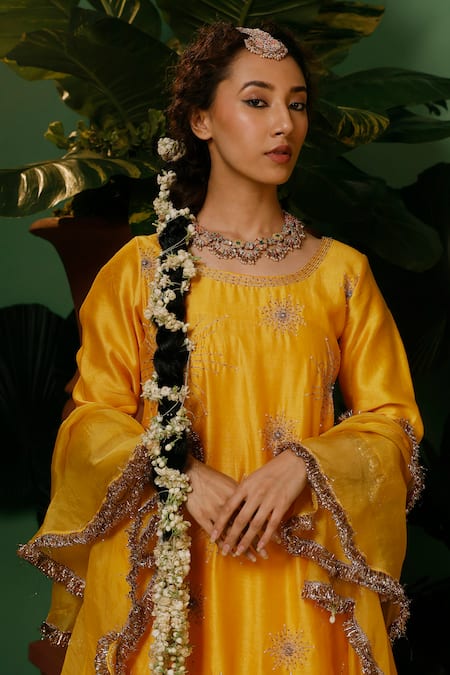 Midushi Bajoria_Yellow Silk, Chanderi, Organza Pearls, Stones, Kurta Set With Ruffle Dupatta _at_Aza_Fashions