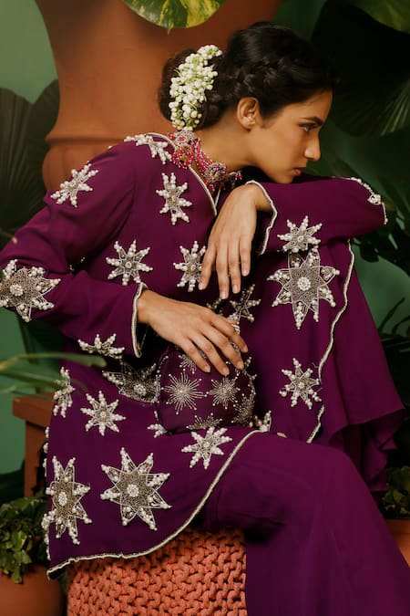 Buy_Midushi Bajoria_Purple Georgette Embroidery V-neck Hand Embellished Peplum Kurta Set _Online_at_Aza_Fashions