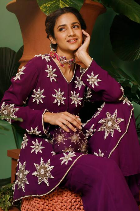 Shop_Midushi Bajoria_Purple Georgette Embroidery V-neck Hand Embellished Peplum Kurta Set _Online_at_Aza_Fashions