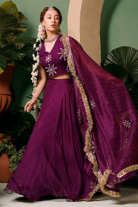 Midushi Bajoria Purple Organza Hand Embellished Pearls V Neck Blouse Lehenga Set 