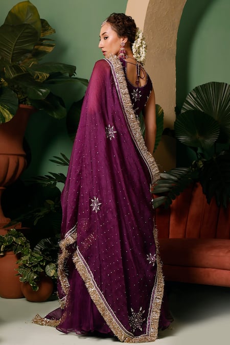 Shop_Midushi Bajoria_Purple Georgette, Linen, Organza Cut Work, Hand Embellished Blouse Lehenga Set _at_Aza_Fashions