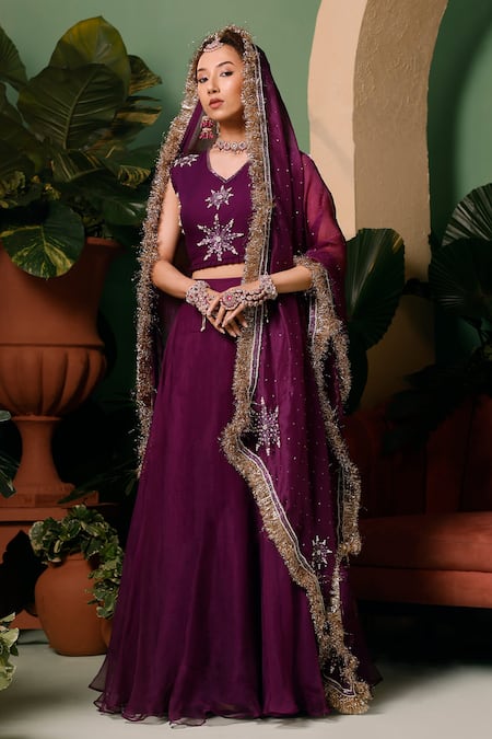 Midushi Bajoria_Purple Georgette, Linen, Organza Cut Work, Hand Embellished Blouse Lehenga Set _Online_at_Aza_Fashions