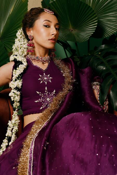 Buy_Midushi Bajoria_Purple Georgette, Linen, Organza Cut Work, Hand Embellished Blouse Lehenga Set _Online_at_Aza_Fashions