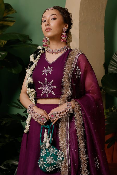 Shop_Midushi Bajoria_Purple Georgette, Linen, Organza Cut Work, Hand Embellished Blouse Lehenga Set _Online_at_Aza_Fashions