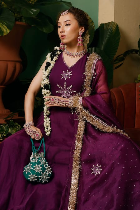 Midushi Bajoria_Purple Georgette, Linen, Organza Cut Work, Hand Embellished Blouse Lehenga Set _at_Aza_Fashions