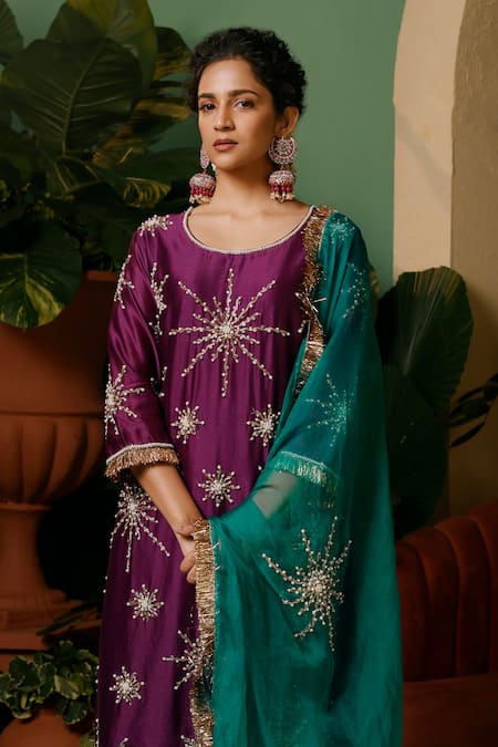 Midushi Bajoria_Purple Silk, Organza, Cotton Pearls, Cut Work, Hand Embellished Kurta Pant Set _Online_at_Aza_Fashions