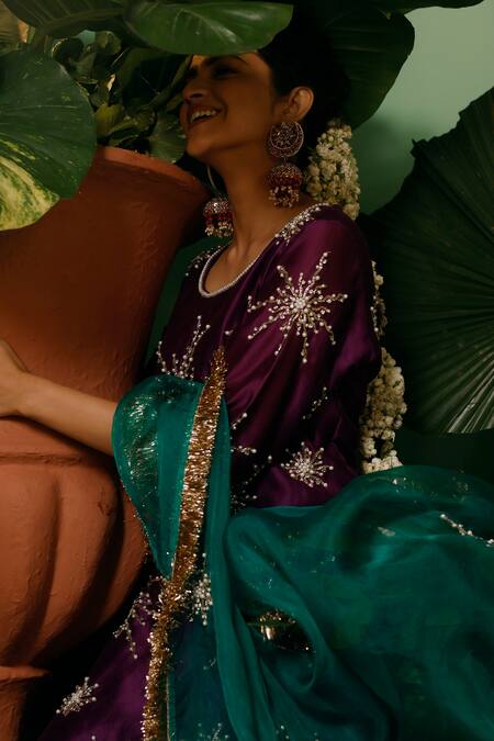 Buy_Midushi Bajoria_Purple Silk, Organza, Cotton Pearls, Cut Work, Hand Embellished Kurta Pant Set _Online_at_Aza_Fashions