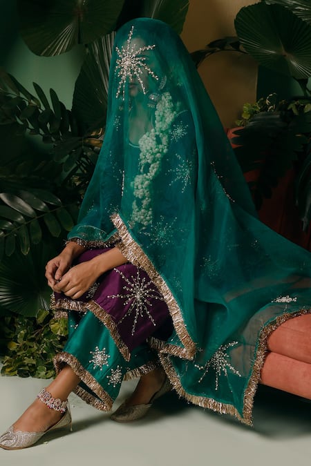 Midushi Bajoria_Purple Silk, Organza, Cotton Pearls, Cut Work, Hand Embellished Kurta Pant Set _at_Aza_Fashions