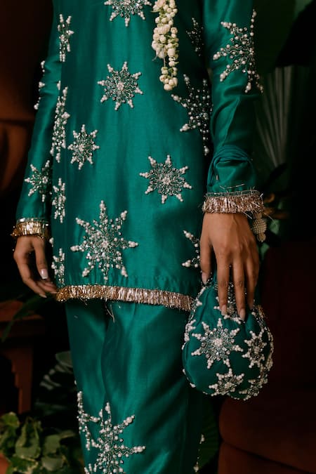 Buy_Midushi Bajoria_Green Silk, Chanderi, Cotton Embroidery Hand Embellished Short Kurta And Pant Set _Online_at_Aza_Fashions