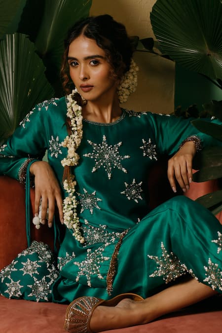 Shop_Midushi Bajoria_Green Silk, Chanderi, Cotton Embroidery Hand Embellished Short Kurta And Pant Set _Online_at_Aza_Fashions