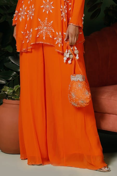 Midushi Bajoria Orange Georgette Cut Work, Sequins, Pearls Hand Embellished Peplum Kurta Set Online at Aza Fashions Midushi Bajoria_Orange Georgette Cut Work, Sequins, Pearls Hand Embellished Peplum Kurta Set _Online_at_Aza_Fashions