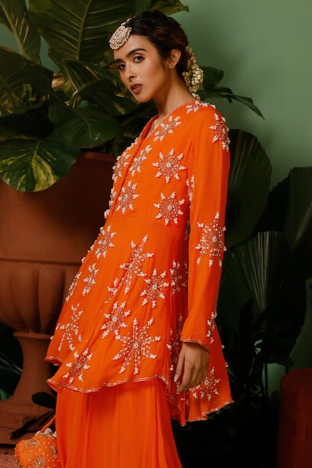 Buy_Midushi Bajoria_Orange Georgette Cut Work, Sequins, Pearls Hand Embellished Peplum Kurta Set _Online_at_Aza_Fashions